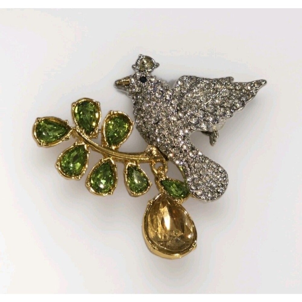 Talbots Jeweled Bird Brooch Rhinestone Green Crystal Branch Pin Figural #1397